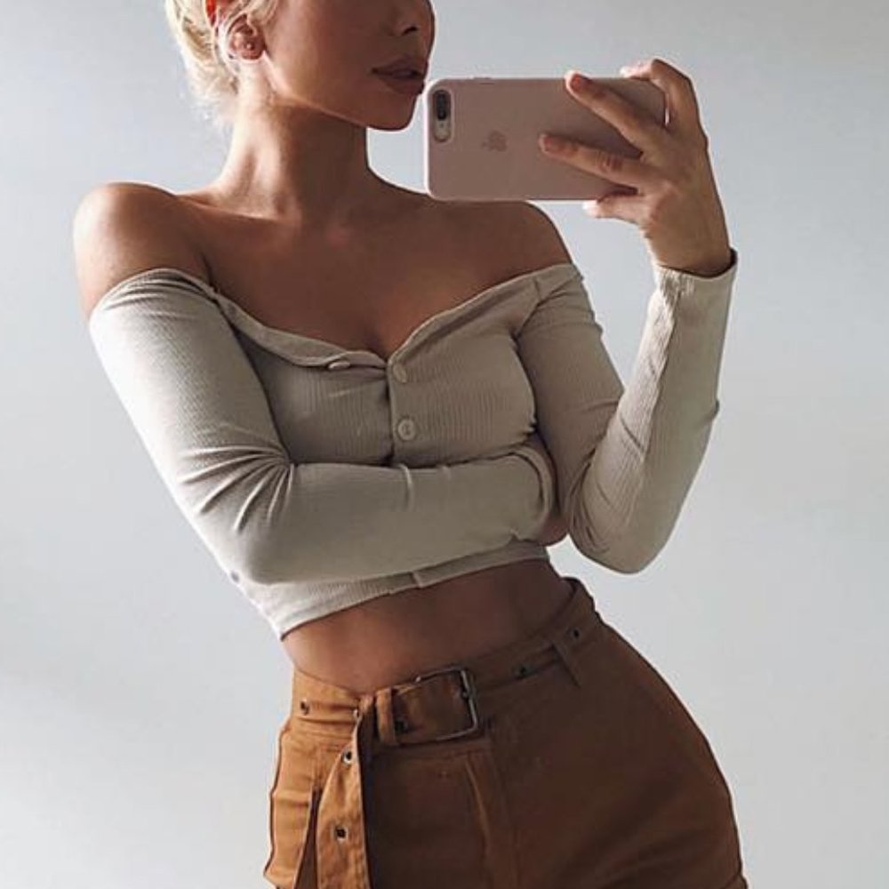 Tan Off Shoulder Cropped Top